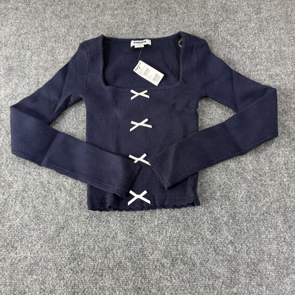RSQ Top Navy Square Neck Rib Bow Long Sleeve Small NWT Coquette